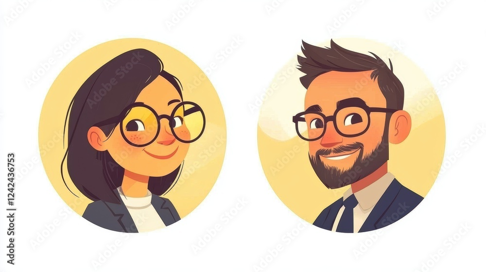 Graphic design featuring professionals with glasses in a playful style. Graphic design featuring professionals with glasses in a playful style.