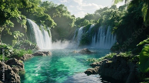 Lush Waterfall Pool in Tropical Jungle