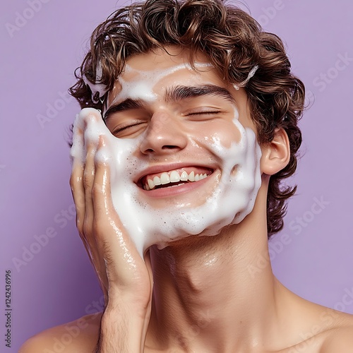 A smiling male model applies a thick layer of facial foam while gently massaging his skin. The soft lavender background adds a calming yet playful touch, with ample space for advertisements.