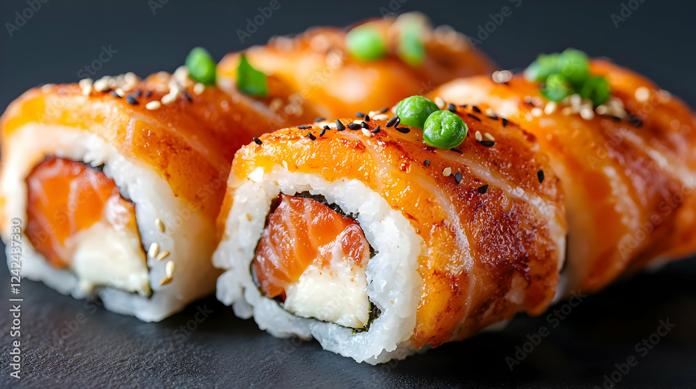 Delicious salmon sushi rolls, close-up shot Delicious salmon sushi rolls, close-up shot
