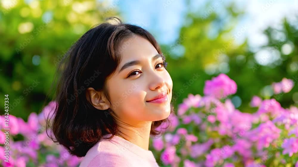 Woman Smiling in Sunlit Garden Surrounded by Blooming Flowers, Embracing Natures Tranquility and Joyful Beauty. Woman Smiling in Sunlit Garden Surrounded by Blooming Flowers, Embracing Natures Tranquility and Joyful Beauty.