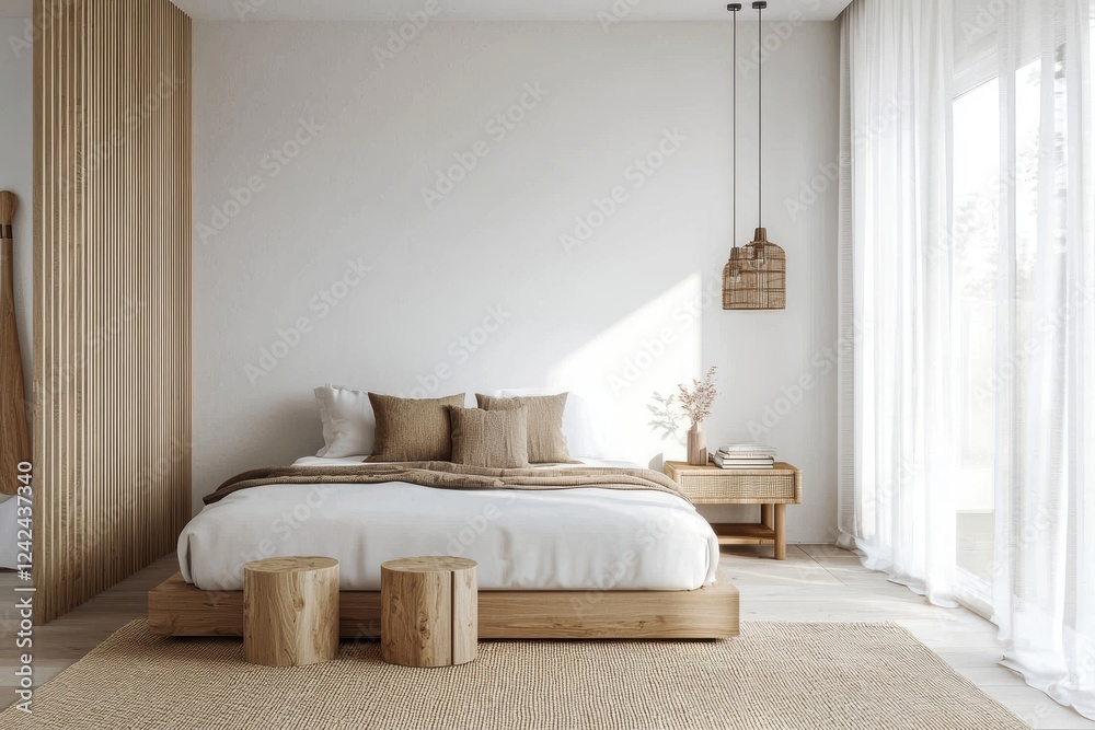 Fototapeta premium Cozy and modern bedroom interior backdrop 