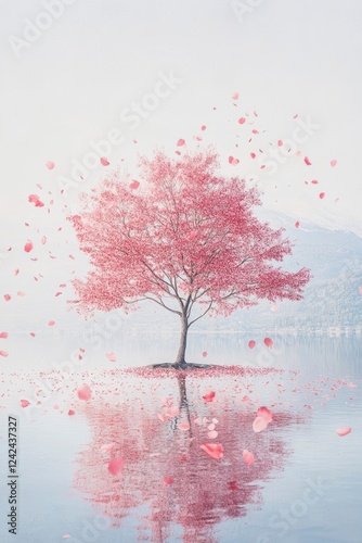 A tree with pink leaves floats on the water, surrounded by flying petals, mountains on foggy background