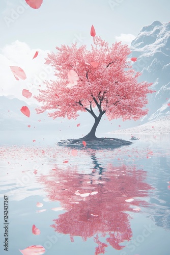 A tree with pink leaves floats on the water, surrounded by flying petals, mountains on foggy background