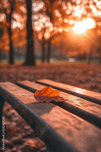 A wooden bench in an autumn park, with leaves scattered on it and the sunlight on blur background
