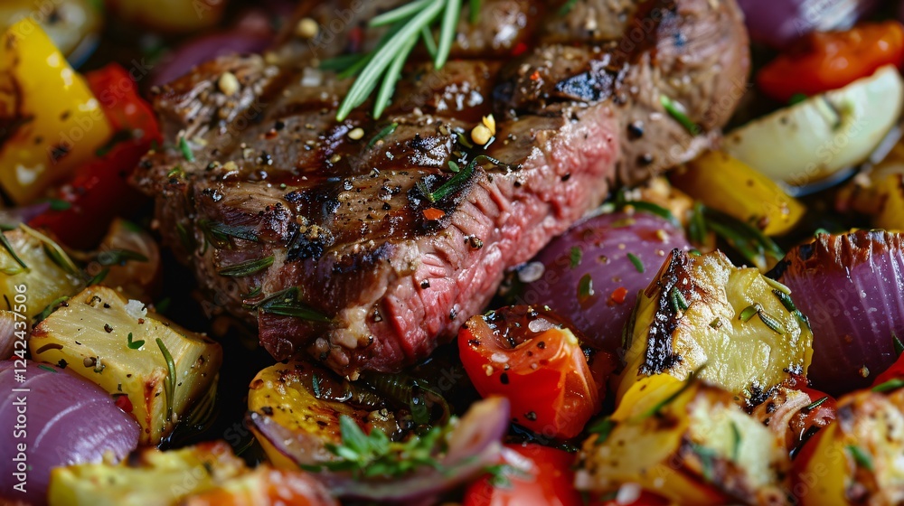 Detailed texture shot of grilled beef with perfectly roasted vegetables Detailed texture shot of grilled beef with perfectly roasted vegetables