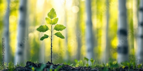 A young birch tree sprouting in the middle of forest, blur tree on background