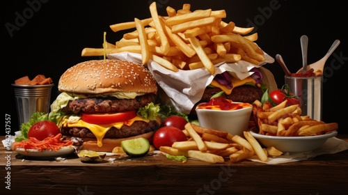 Oversized Cheeseburger with Bacon, Lettuce, Tomato, Fries, and Condiments