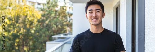 A young Japanese man smiling and standing on the balcony of an apartment building with white walls. He is wearing a black short-sleeved t-shirt. The background features green trees and a clear sky.
