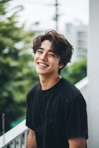 A young Japanese man smiling and standing on the balcony of an apartment building with white walls. He is wearing a black short-sleeved t-shirt. The background features green trees and a clear sky.