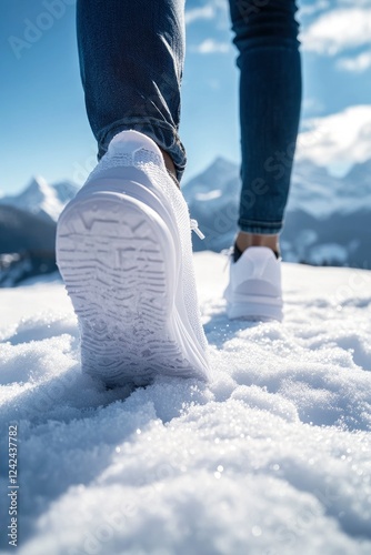 closeup of a persons leg wearing white shoes and walking in snow, mountain on background on sunny day