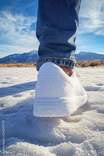 closeup of a persons leg wearing white shoes and walking in snow, mountain on background on sunny day