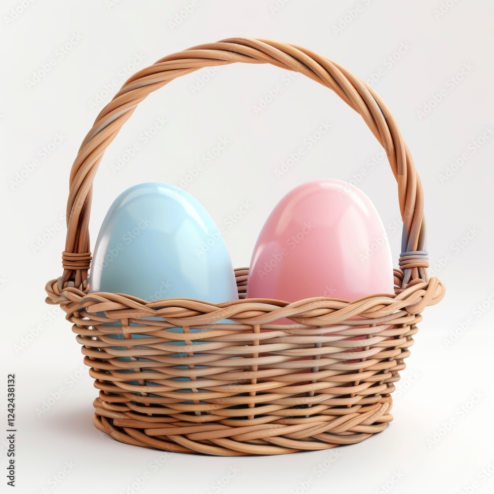 Fototapeta premium Colorful Easter Eggs in a Woven Basket on a Light Background