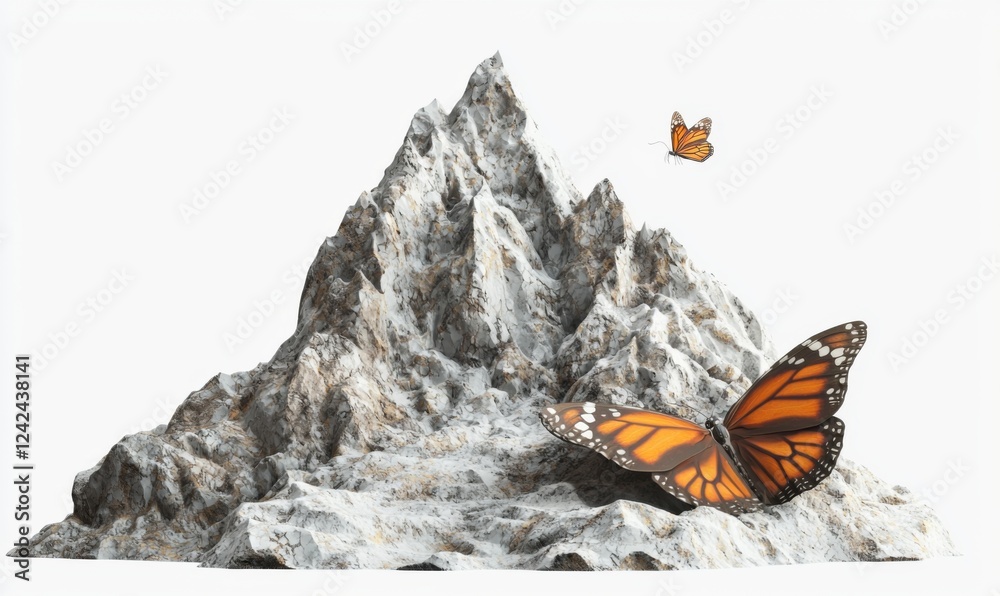 Obraz premium Vibrant Orange Butterfly Perched on Majestic Mountain Landscape with Another Butterfly in Flight