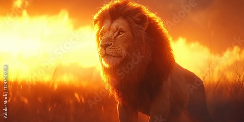 A lion is standing in a field with a yellow sky in the background