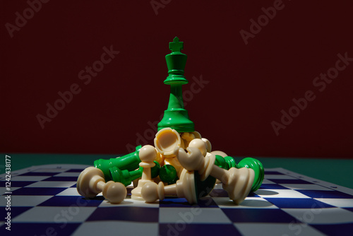 green king surrounded with beige chess pieces on chess board photo