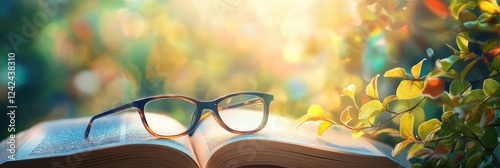 Glasses on an open book with a blurred background of nature and sunlight