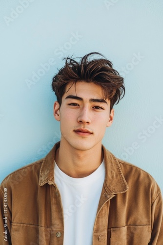 Photo of a young, attractive Japanese man. He stands in front of a light blue wall, wearing a white shirt underneath a brown jacket, looking at the camera and smiling slightly.