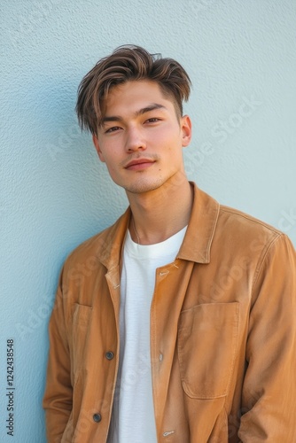Photo of a young, attractive Japanese man. He stands in front of a light blue wall, wearing a white shirt underneath a brown jacket, looking at the camera and smiling slightly.