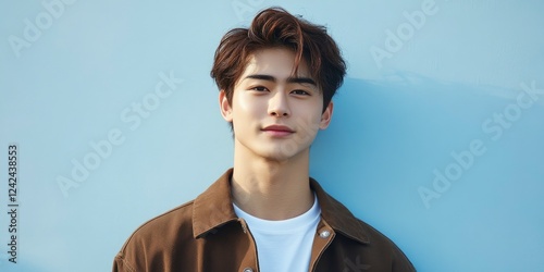Photo of a young, attractive Japanese man. He stands in front of a light blue wall, wearing a white shirt underneath a brown jacket, looking at the camera and smiling slightly.