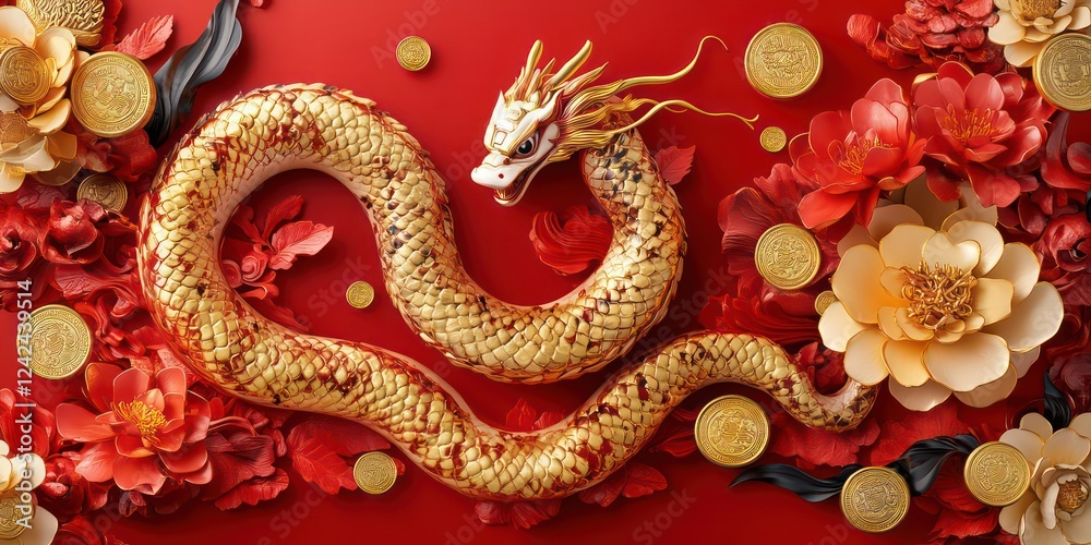 Chinese New Year poster, featuring snake shapes in red background . At center is an illustration of gold coin chain forming three-dimensional pattern resembling serpents, Chinese New Year poster, featuring snake shapes in red background . At center is an illustration of gold coin chain forming three-dimensional pattern resembling serpents,