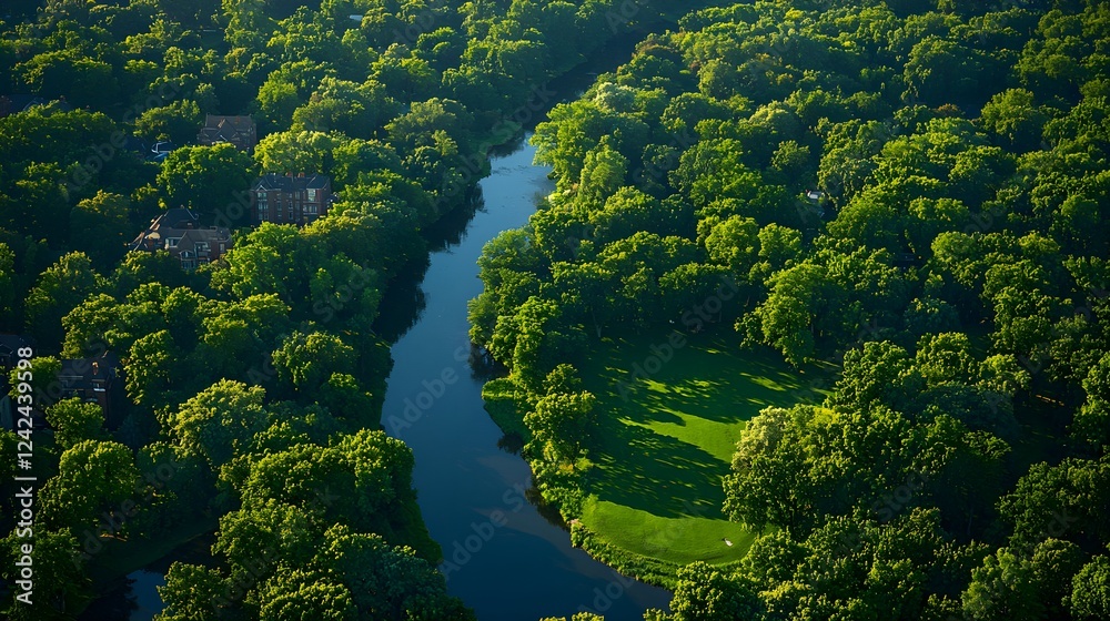 Aerial View of a River Winding Through a Lush Green Forest Aerial View of a River Winding Through a Lush Green Forest