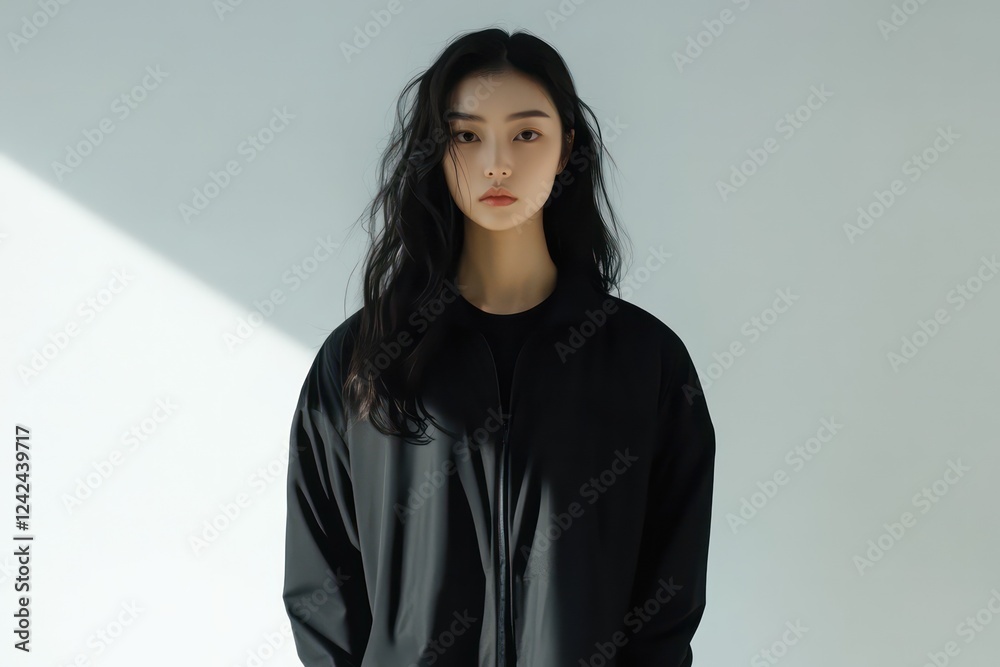 Fototapeta premium A tall Chinese female model, against a white background, in a front view, full-body photograph. 