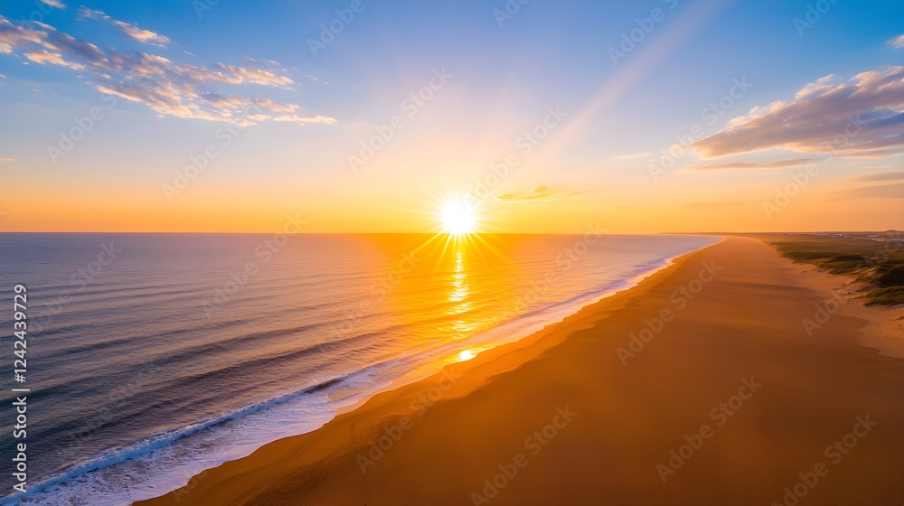 Obraz premium Aerial View of a Sunset Over Sandy Beach and Ocean