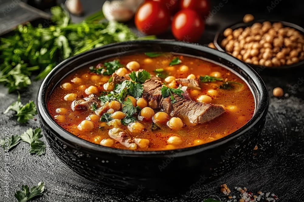 Healthy and Flavorful Harira Soup Displayed on Concrete Tabletop Healthy and Flavorful Harira Soup Displayed on Concrete Tabletop