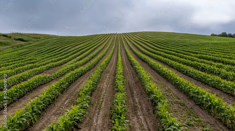 Lush Green Cornfield Rows Under Cloudy Sky in Rural Landscape Lush Green Cornfield Rows Under Cloudy Sky in Rural Landscape