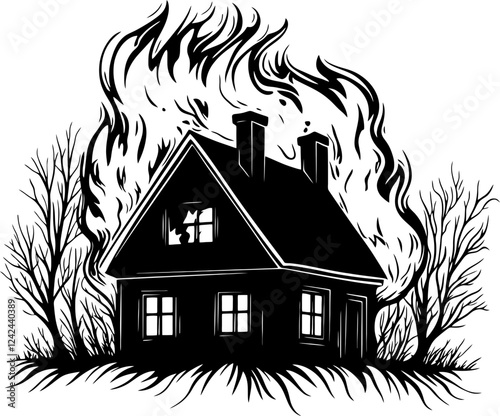 House on fire silhouette