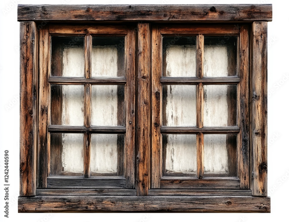 Rustic double-pane wood window, isolated, aged, design element Rustic double-pane wood window, isolated, aged, design element
