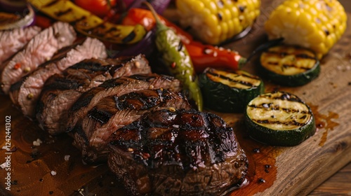 Detailed shot of grilled beef with a medley of grilled vegetables