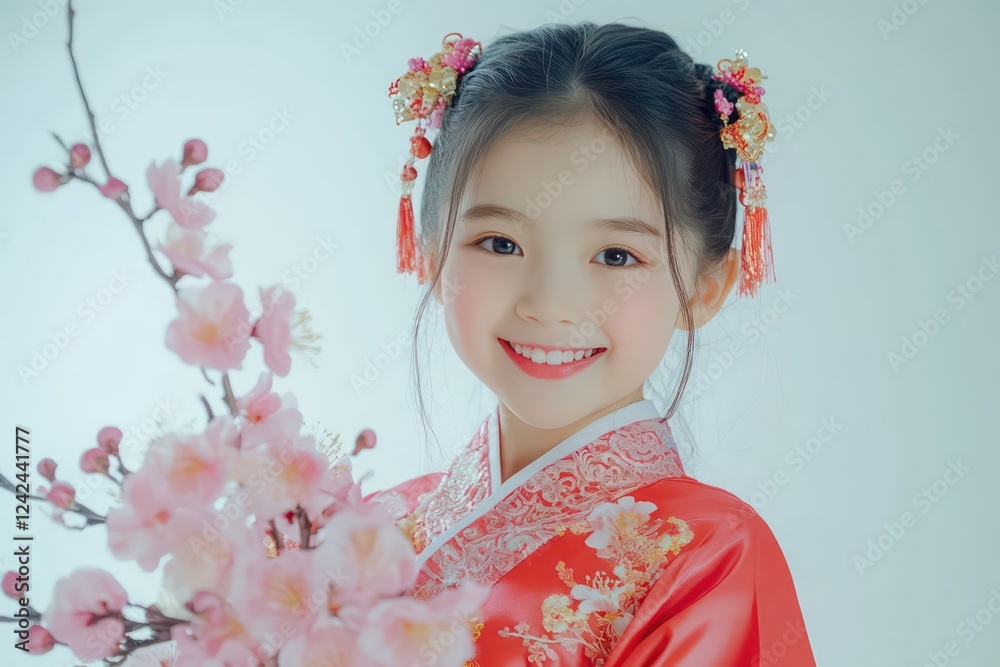 A young girl in traditional Chinese dress holding a bouquet of plum blossoms and smiling brightly on a white background A young girl in traditional Chinese dress holding a bouquet of plum blossoms and smiling brightly on a white background