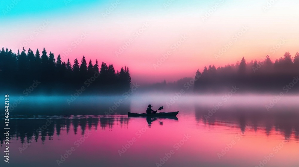 Fototapeta premium Serene Kayaker in Misty Lake at Sunrise with Colorful Reflections