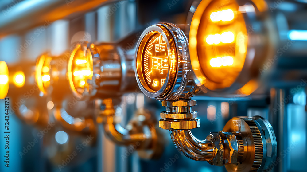 Obraz premium Industrial facility with gauges and illuminated displays showcasing sensors