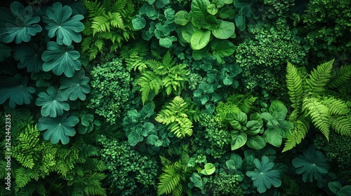 Lush green wall with diverse foliage, indoor backdrop