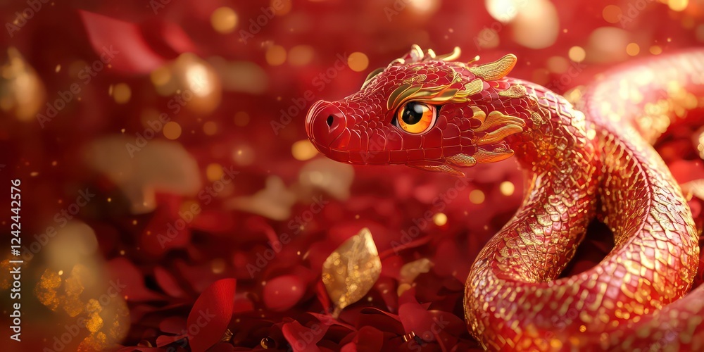 Fototapeta premium cute snake, chinese new year, gold, red 