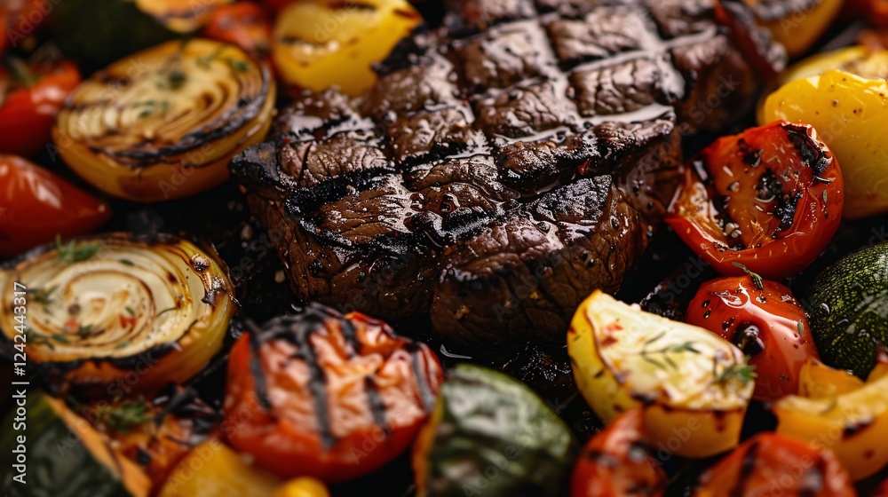 Studio-lit close-up of grilled beef with a variety of roasted vegetables Studio-lit close-up of grilled beef with a variety of roasted vegetables