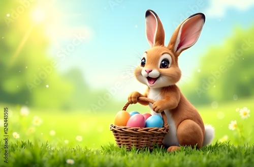 Cute cartoon bunny holding a wicker basket with colorful eggs on the lawn background. The bunny invites to a game of egg hunt for Easter