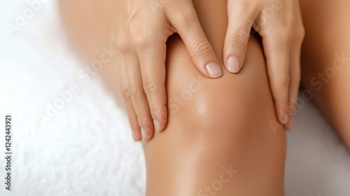 Hands firmly massaging shin area, showcasing relaxation and care photo