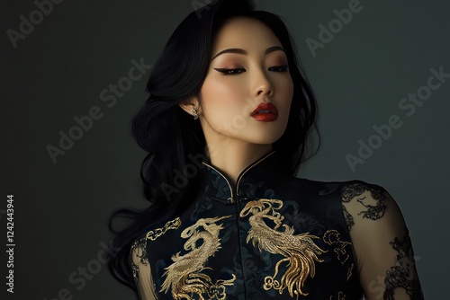 An Eastern female model wearing a tight fitting cheongsam with a golden phoenix pattern embroidered using Chinese embroidery techniques. 
