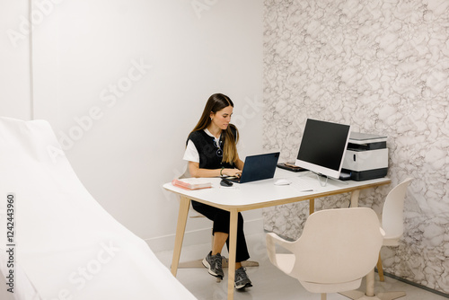 Dermatologist working with a laptop at her desk inside her office photo