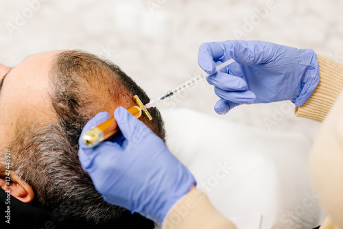 Dermatologist administering capillary mesotherapy to a patient's scalp photo