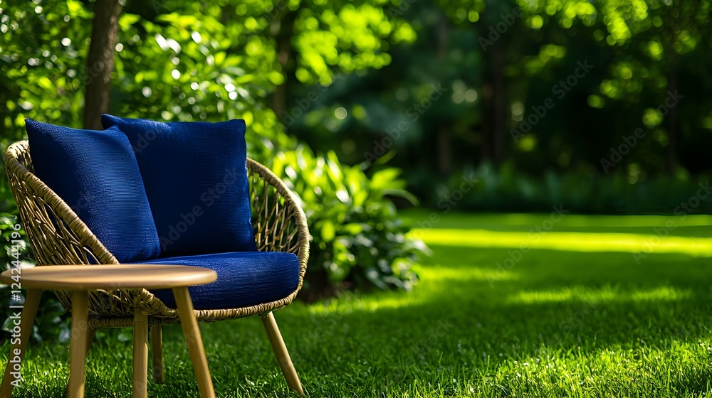 Fototapeta premium Blue Cushioned Wicker Chair on Green Lawn