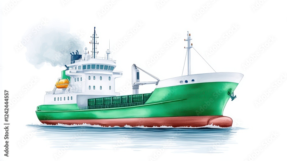 Naklejka premium Vibrant Green Cargo Ship with Smokestack Sailing on Calm Water