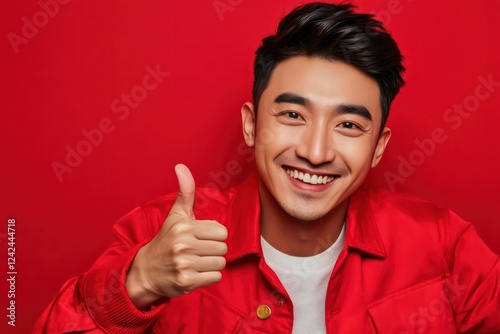 Asian male smiling in red fashion and showing thumbs up on red background
