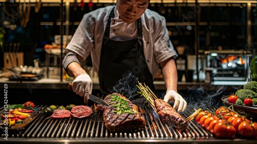 Chef arranging grilled beef and vegetables in a high-end kitchen