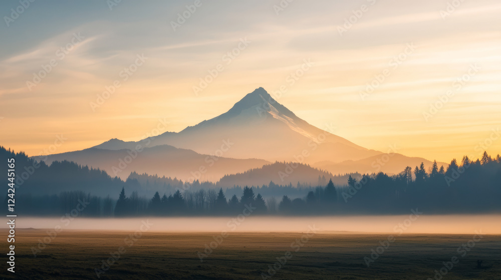 lone mountain peak shrouded in soft mist with nearby forest and golden sunrise lone mountain peak shrouded in soft mist with nearby forest and golden sunrise