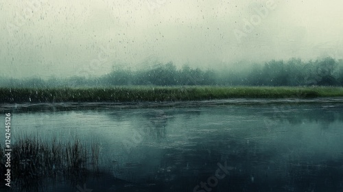 3.A dramatic scene of heavy rain pounding a calm Frisian lake, with reflections distorted by raindrops, a low horizon of grassy wetlands, and muted, overcast light. photo